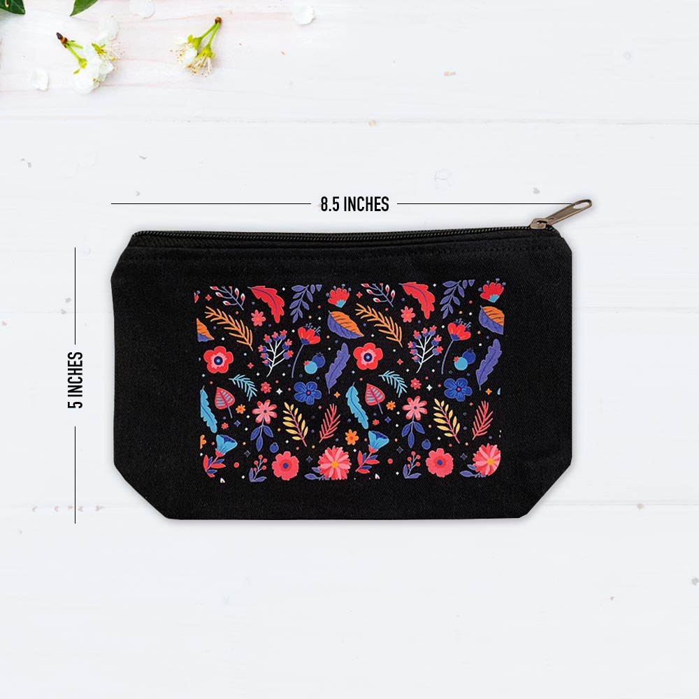 Floral Pattern Multi-Purpose Black Cotton Pouch