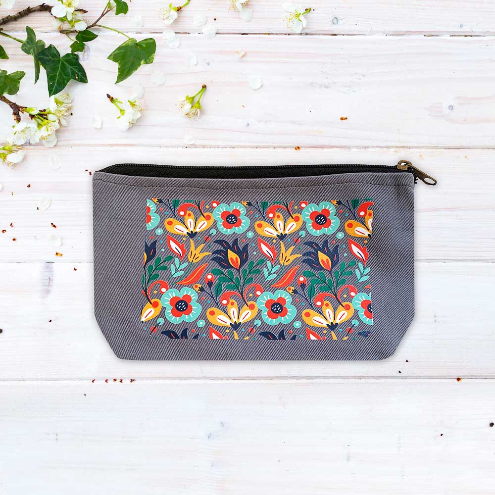 Floral Pattern Multi-Purpose Grey Cotton Pouch