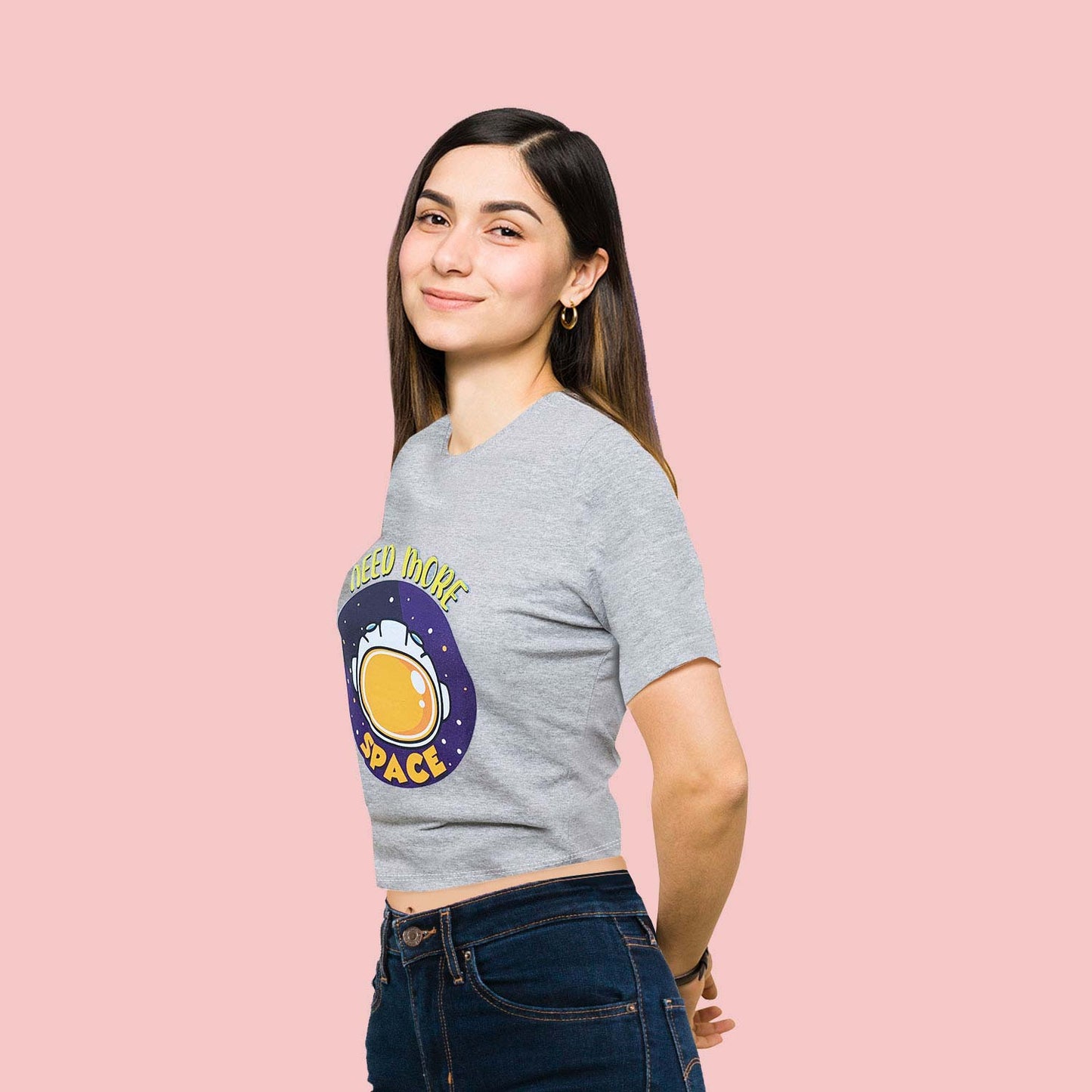 Need More Space Trendy Graphic Grey Crop-Top for Women and Girls