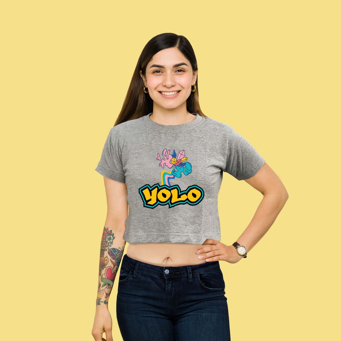 You Only Live Once Graphic Grey trendy Crop-Top for Women and Girls
