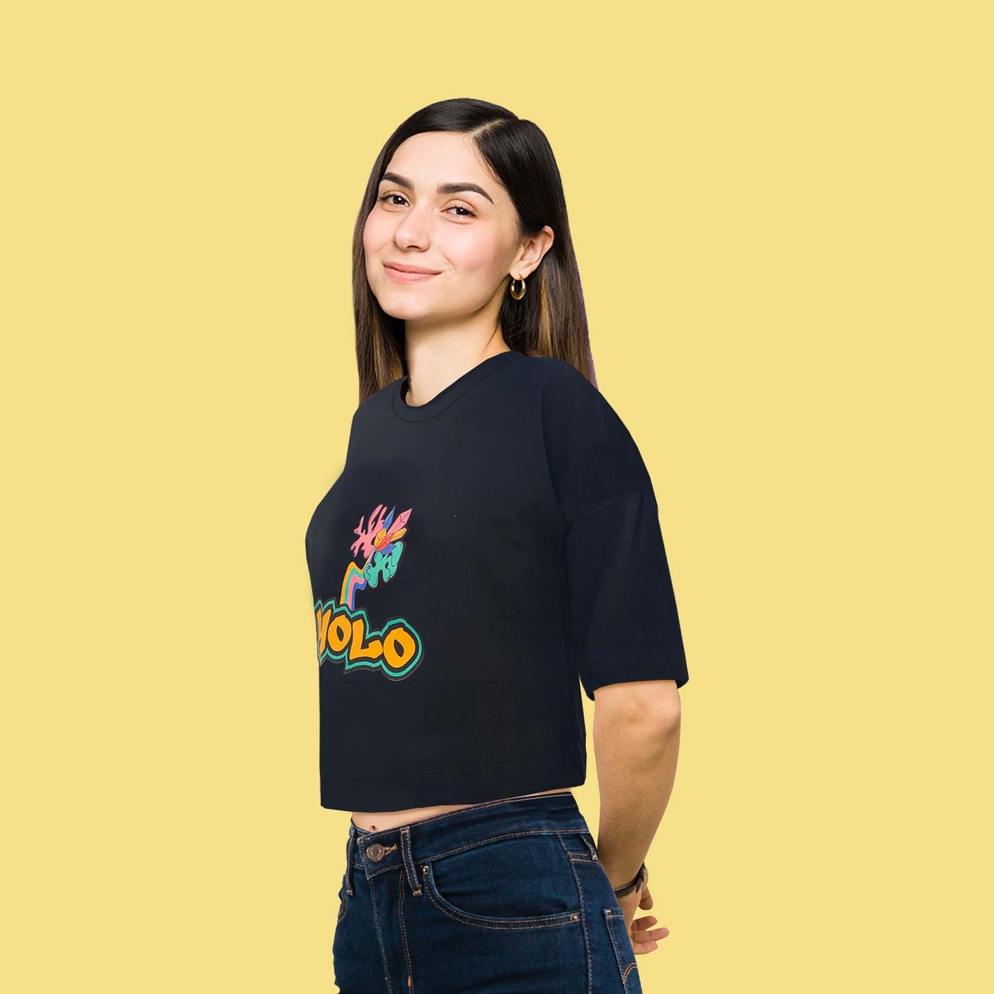 YOLO Power Graphic Black trendy Oversize Crop-Top for Women and Girls