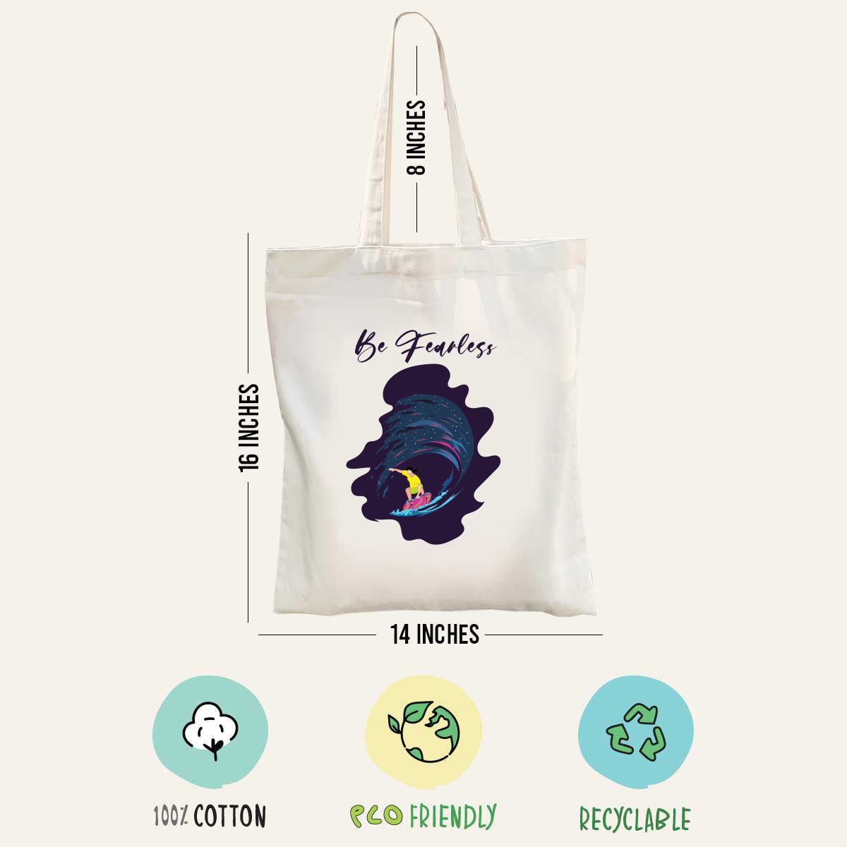 Be Fearless White Cotton Tote Bag for Daily Use/ College Wear