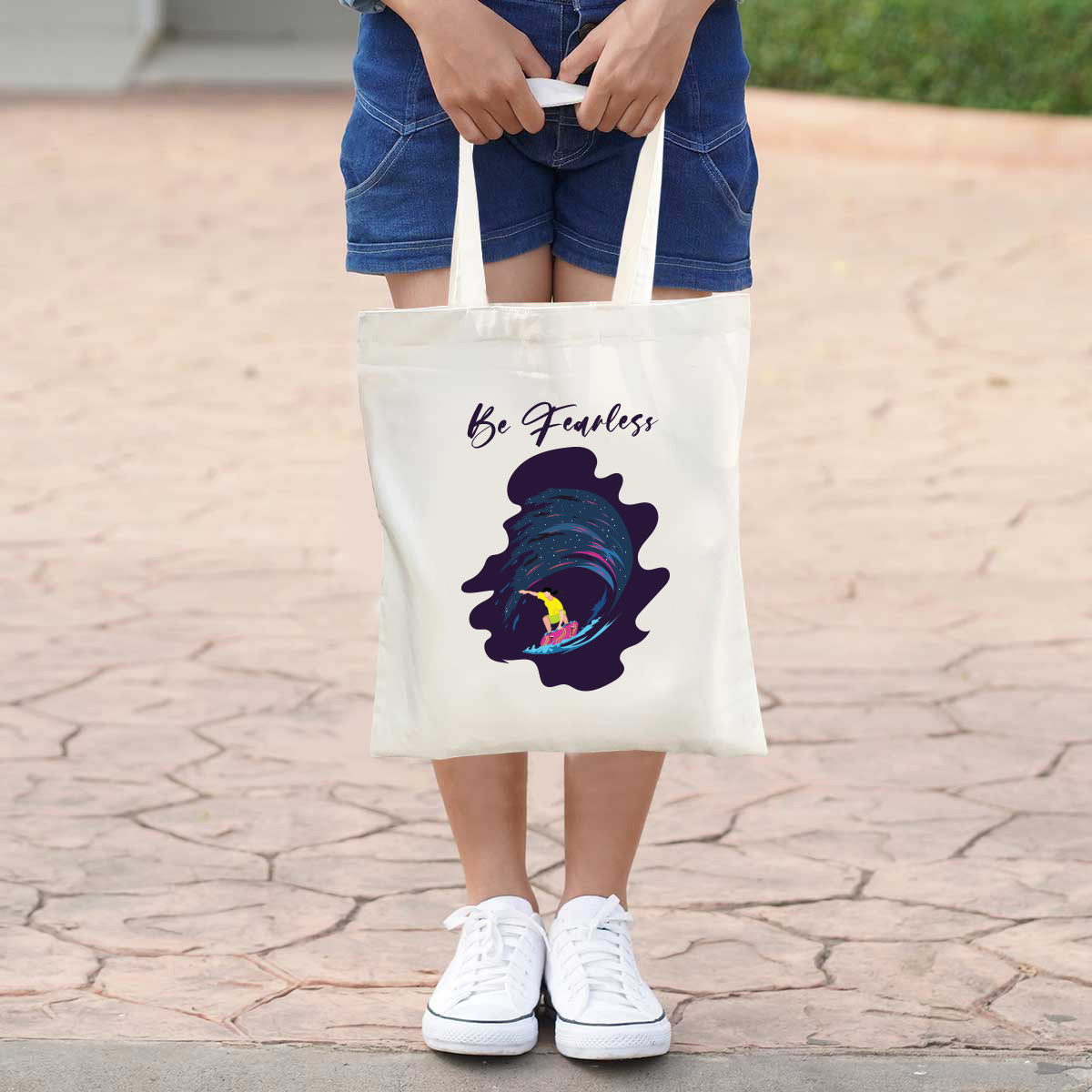 Be Fearless White Cotton Tote Bag for Daily Use/ College Wear