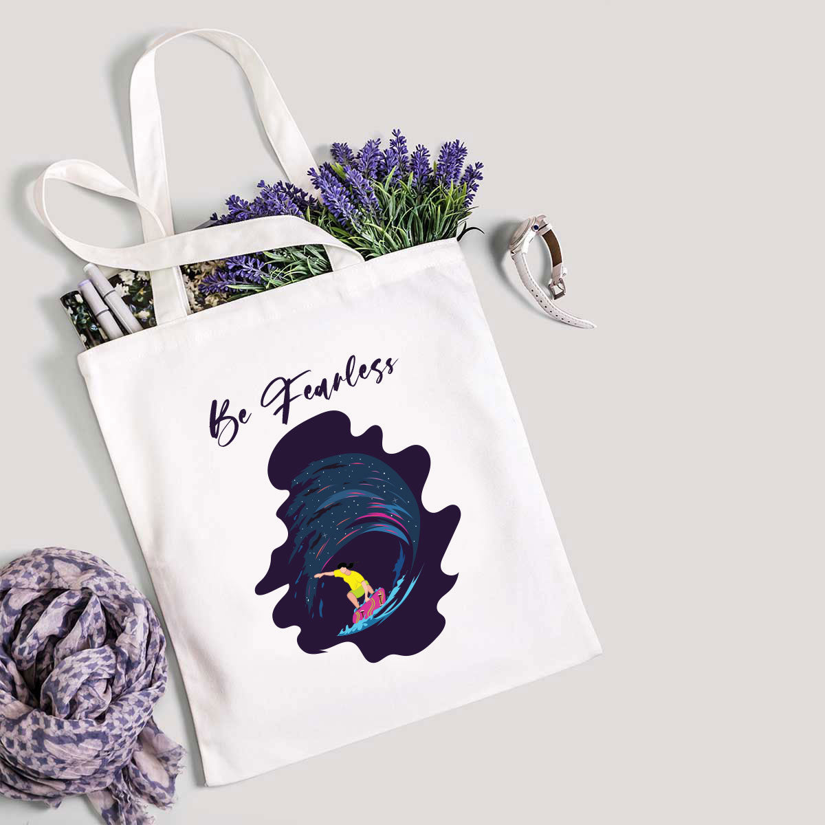 Be Fearless White Cotton Tote Bag for Daily Use/ College Wear