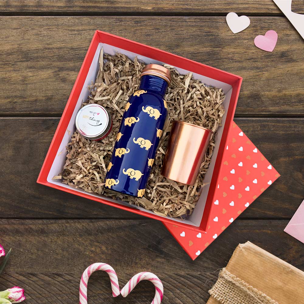 Red Gift Box with Blue Elephant Motif 750ML Copper Bottle & Glass