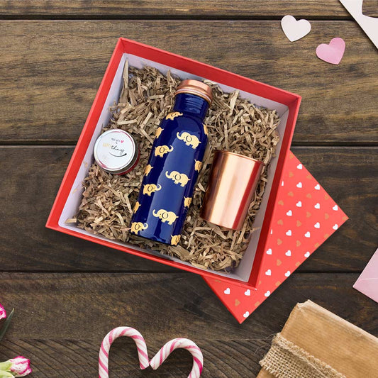 Red Gift Box with Blue Elephant Motif 750ML Copper Bottle & Glass