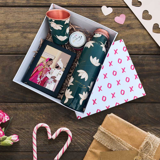 "The Love Box" Green Copper Bottle with Glass and Portrait Gift Box