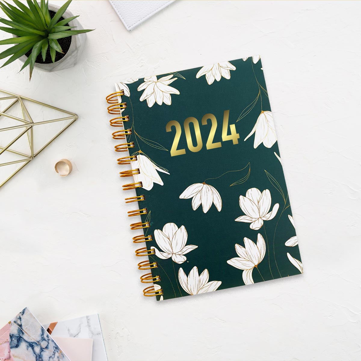 2024 White Lily Green Planner & Zig Zag Design Diary Combo