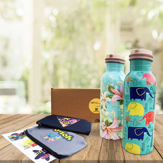 750ml Funky Elephant Pattern & Vintage Blue Floral Copper Bottle Gift Box