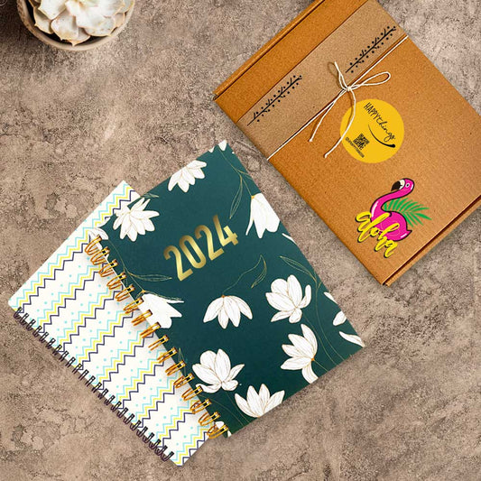 2024 White Lily Green Planner & Zig Zag Design Diary Combo