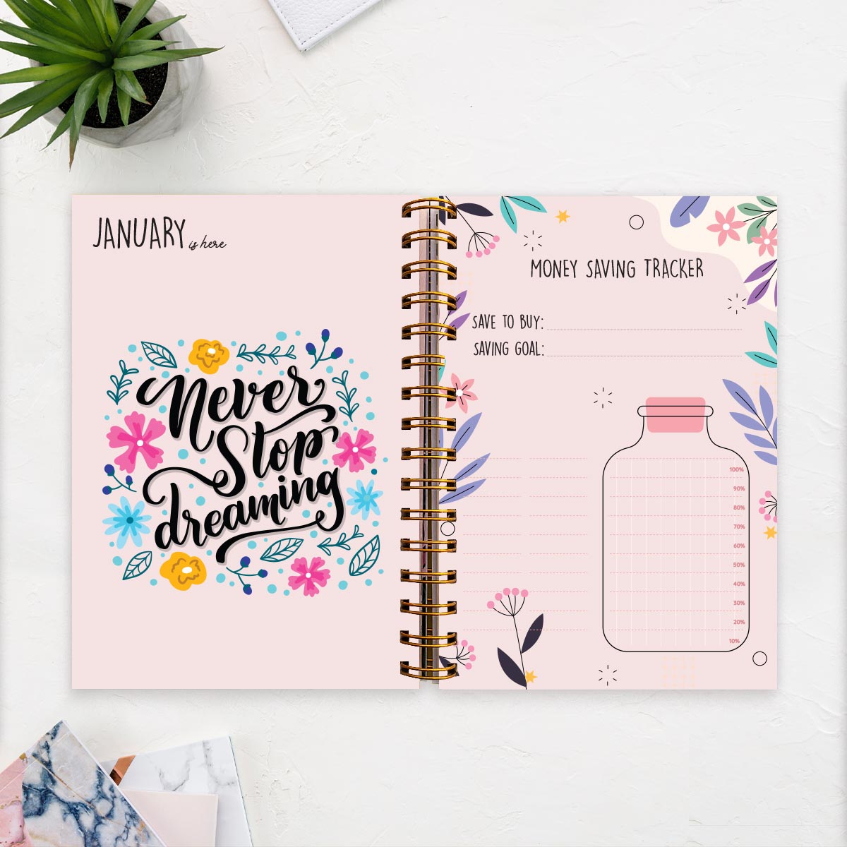 2024 White Lily Green Planner & Zig Zag Design Diary Combo