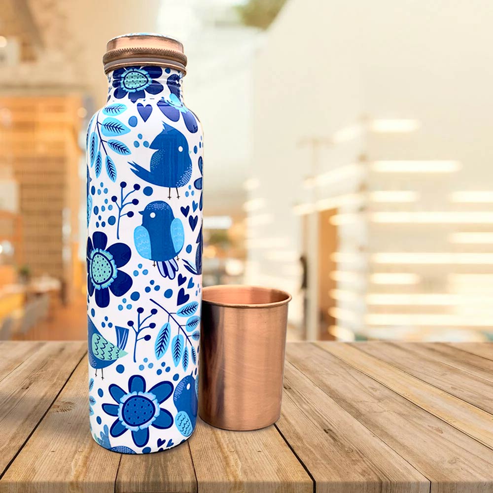 Blue Chirpy Bird Pattern Meenakari Copper Bottle & Glass Gift Box