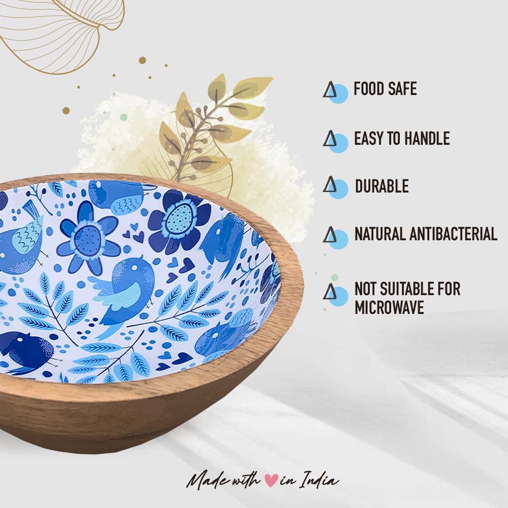 Blue Bird Motif Wooden Bowl Combo