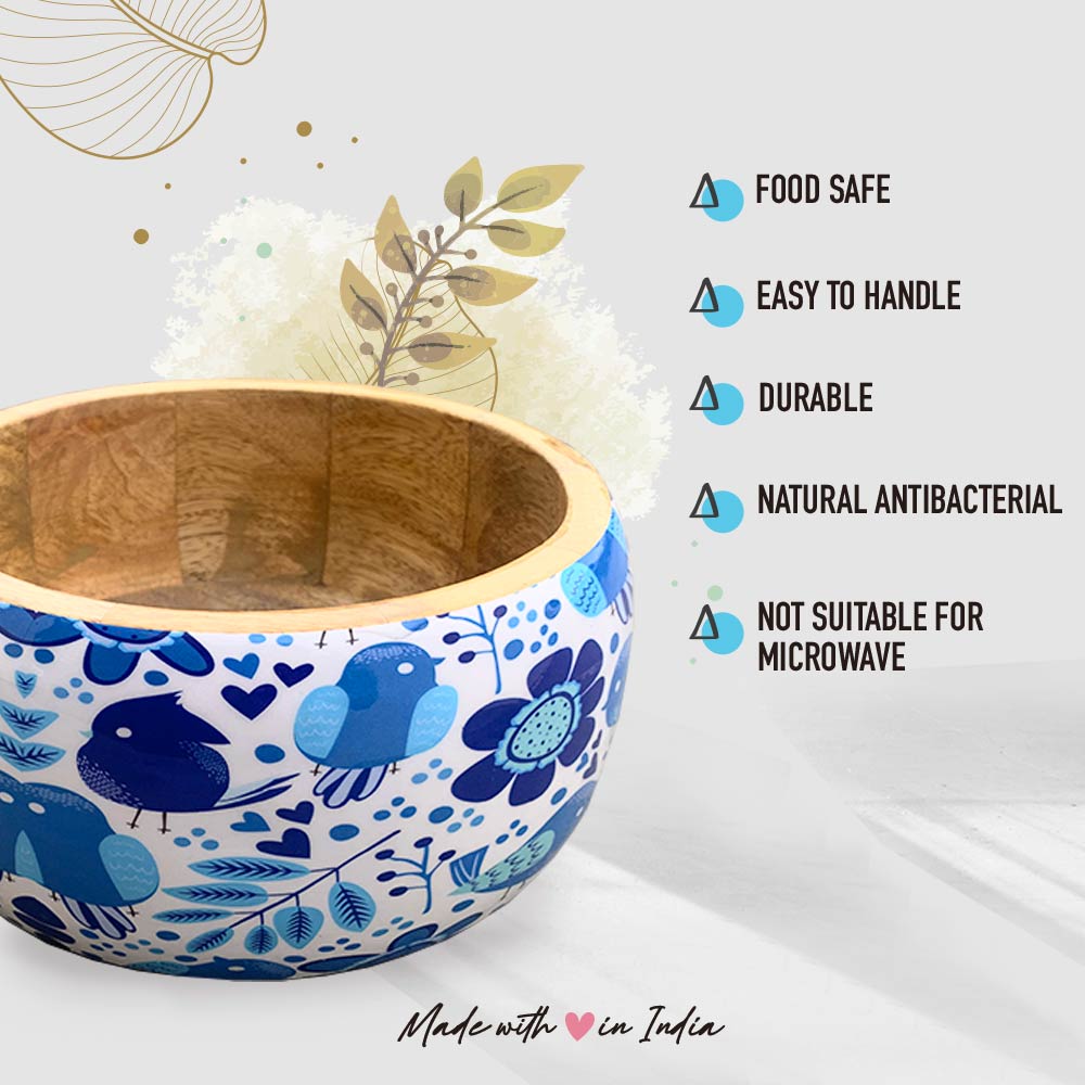 Large Blue Bird Motif Wooden Bowl