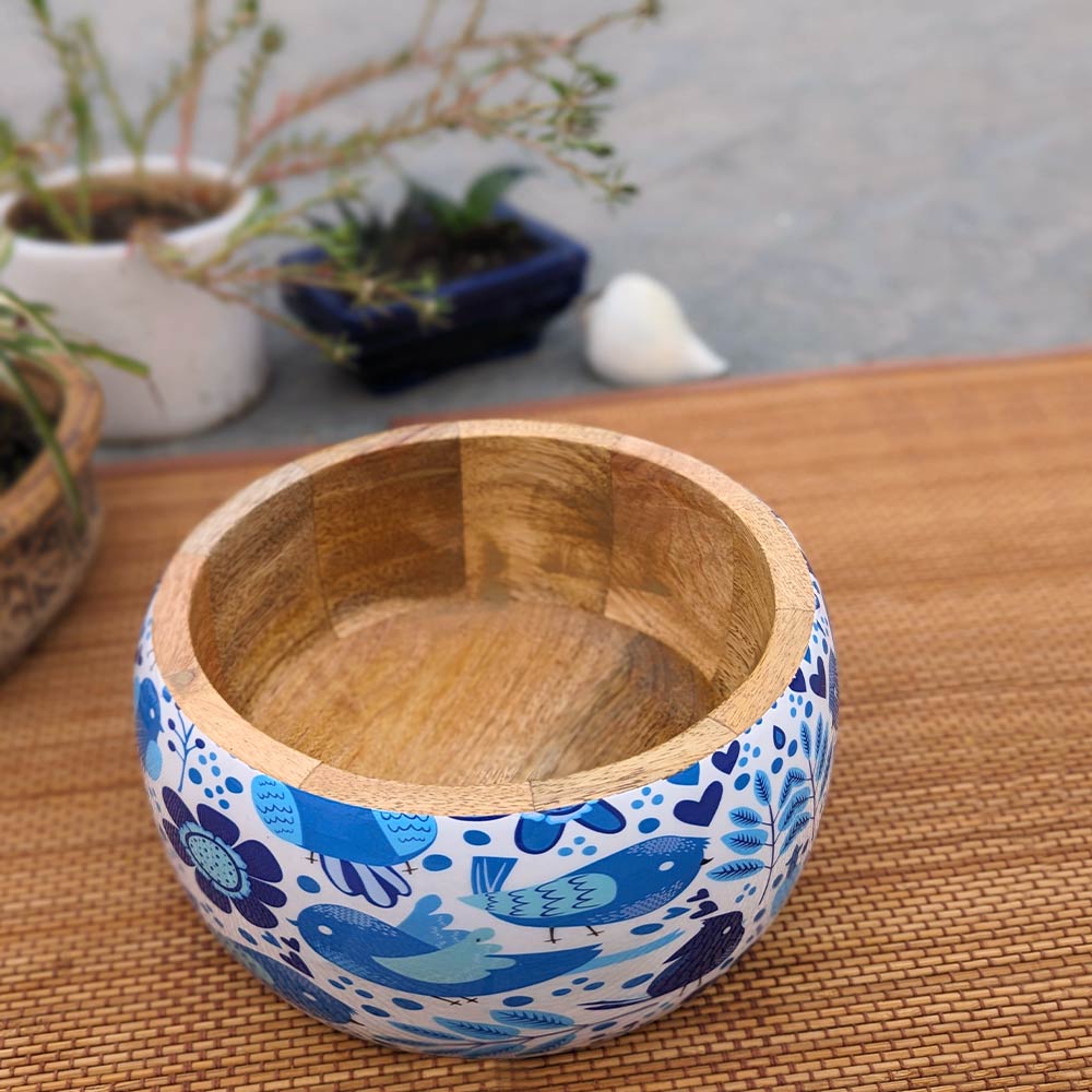 Large Blue Bird Motif Wooden Bowl