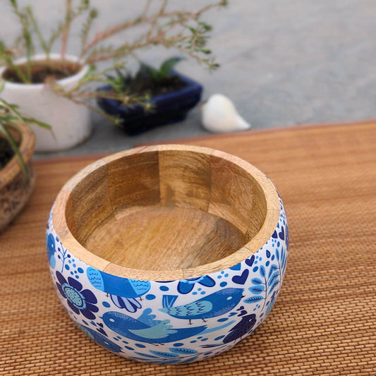 Large Blue Bird Motif Wooden Bowl