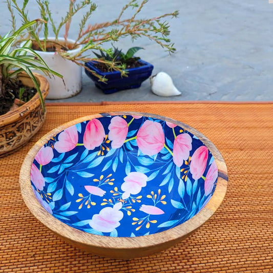 Large Blue Floral Motif Wooden Bowl