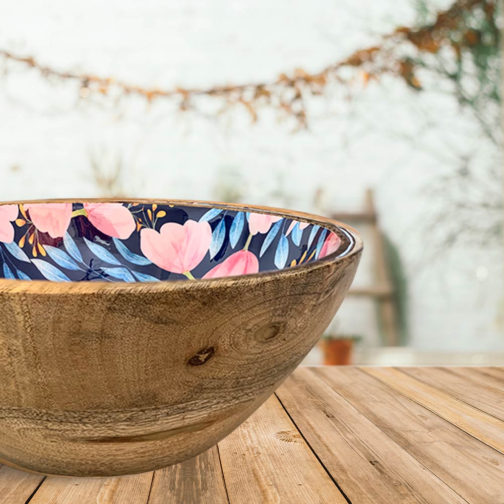 Large Blue Floral Motif Wooden Bowl