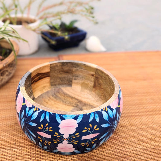 Large Blue Floral Pattern Wooden Bowl