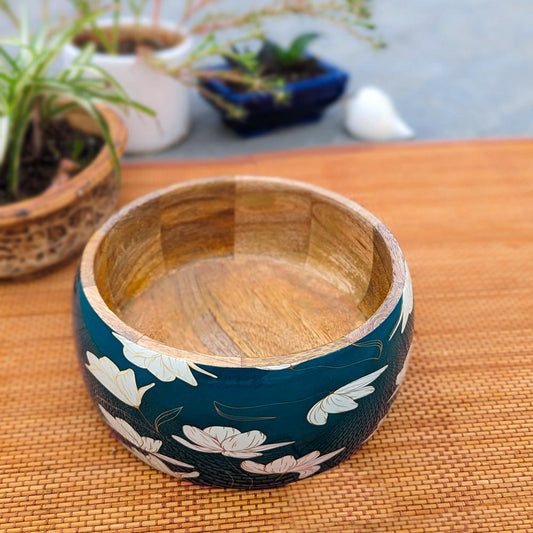 Large Green Floral Motif Wooden Bowl