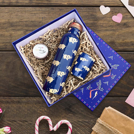 Blue Char Bagh Gift Box with Elephant Pattern Copper Bottle & Meena Glass