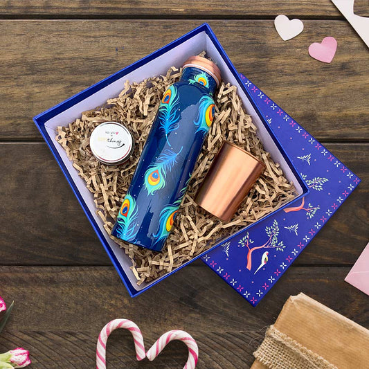 Peacock Motif "Krishna" Copper Bottle & Glass Gift Box Set
