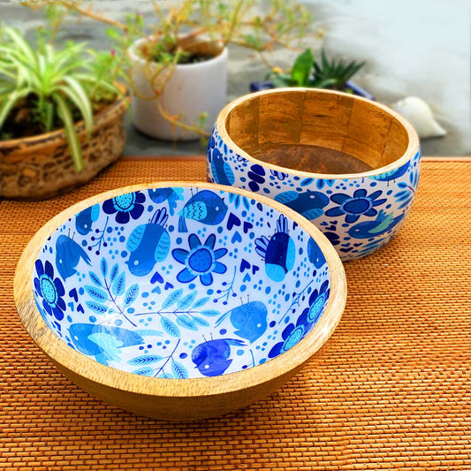 Blue Bird Motif Wooden Bowl Combo