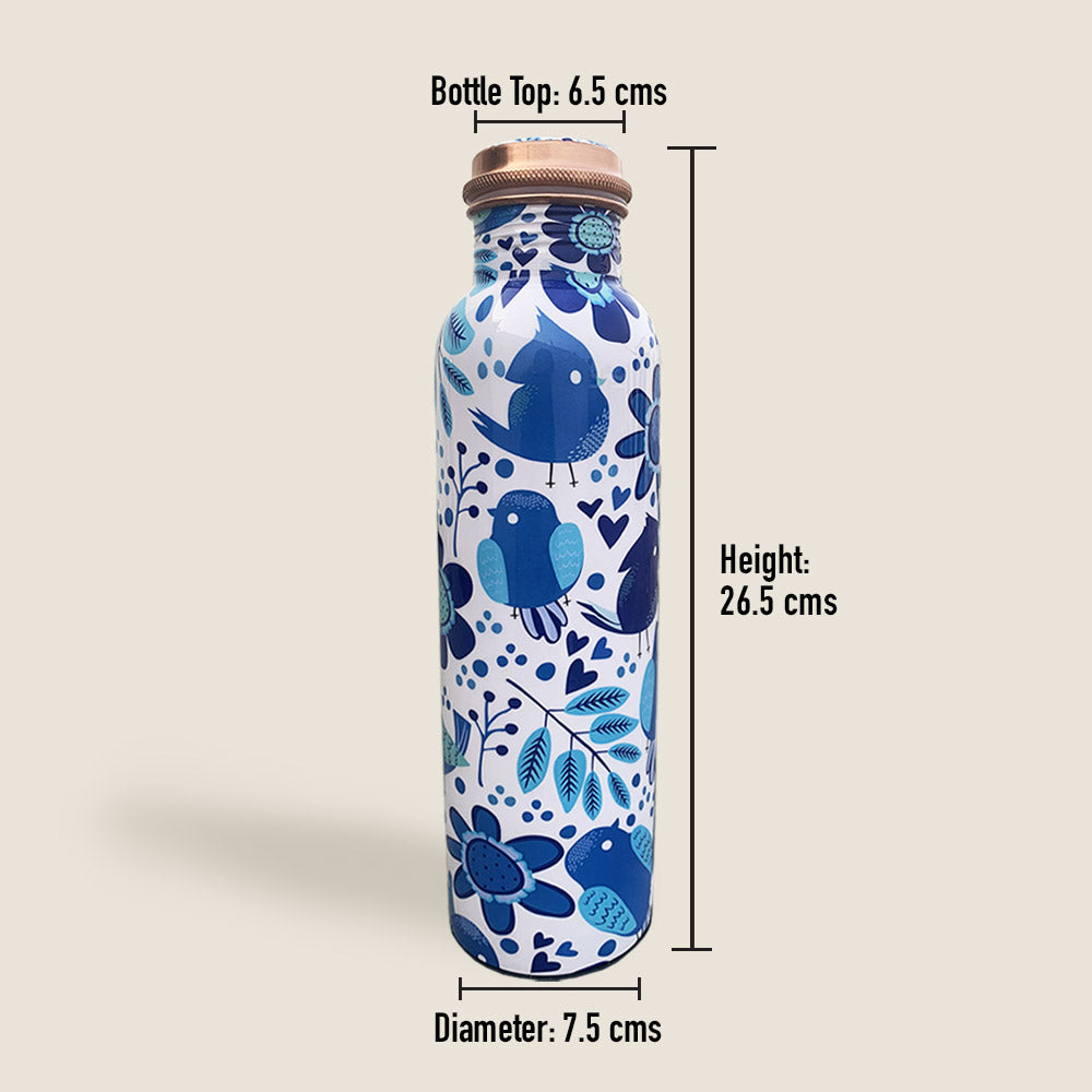 Blue Chirpy Bird Pattern Meenakari Copper Bottle & Glass Gift Box