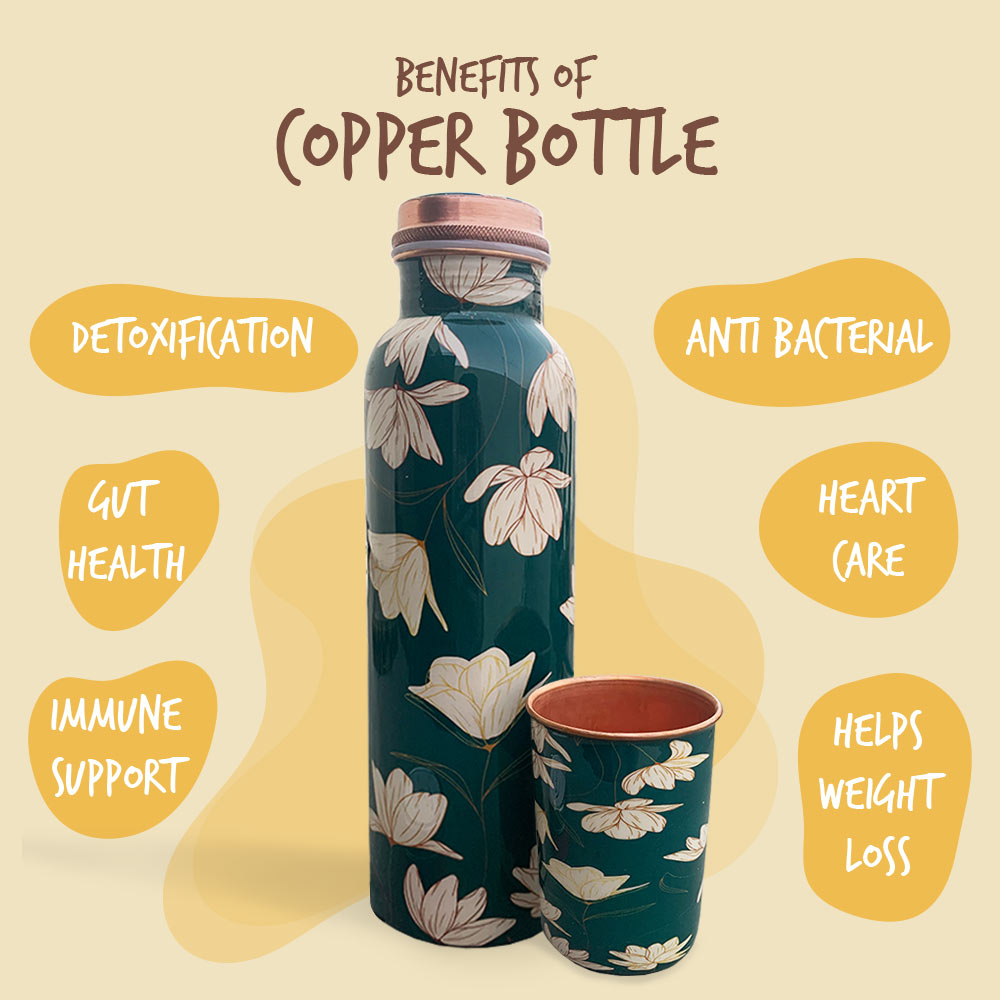 Green Copper Bottle with Glass set of 2 Gift Box