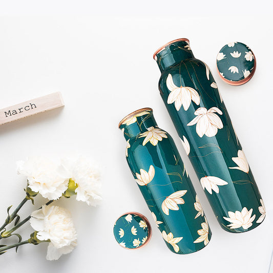 1L+750ml Green Motif Meenakari Copper Bottle Combo