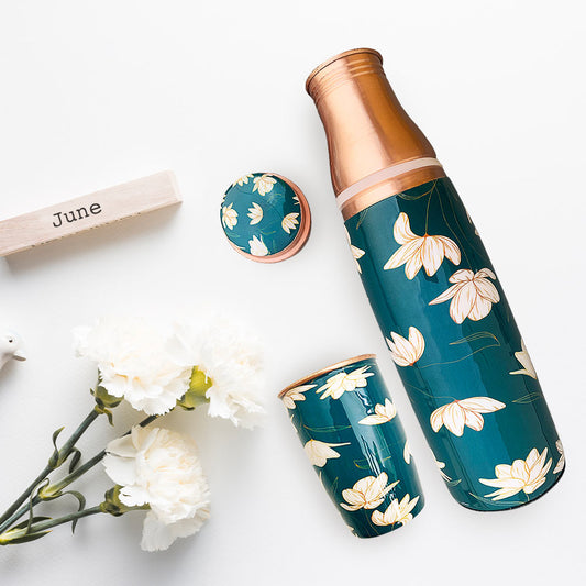 Green Motif Glass Bottle Meenakari Copper Bottle