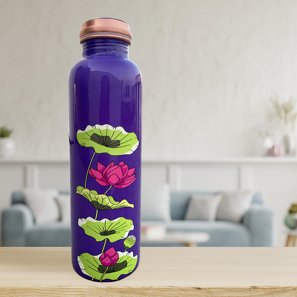 Pink Lotus Pattern Purple Meenakari Copper Bottle