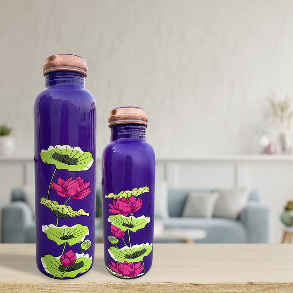 1L+750ml Pink Lotus Pattern Meenakari Copper Bottle Combo