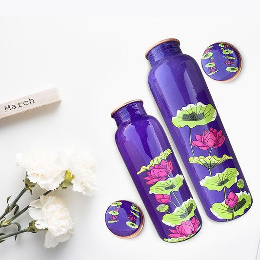 1L+750ml Pink Lotus Pattern Meenakari Copper Bottle Combo