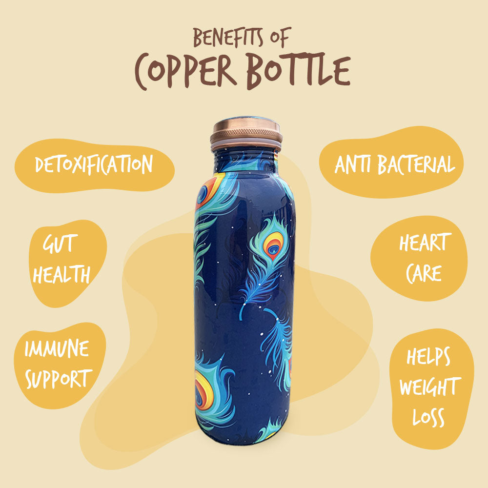 750 ml Peacock Pattern Meenakari Copper Bottle