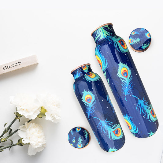 1L + 750ml Peacock Pattern Meenakari Copper Bottle Combo