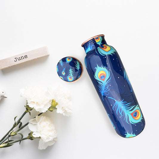 750 ml Peacock Pattern Meenakari Copper Bottle