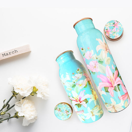 1L+750ml Vintage Blue Floral Meenakari Copper Bottle Combo