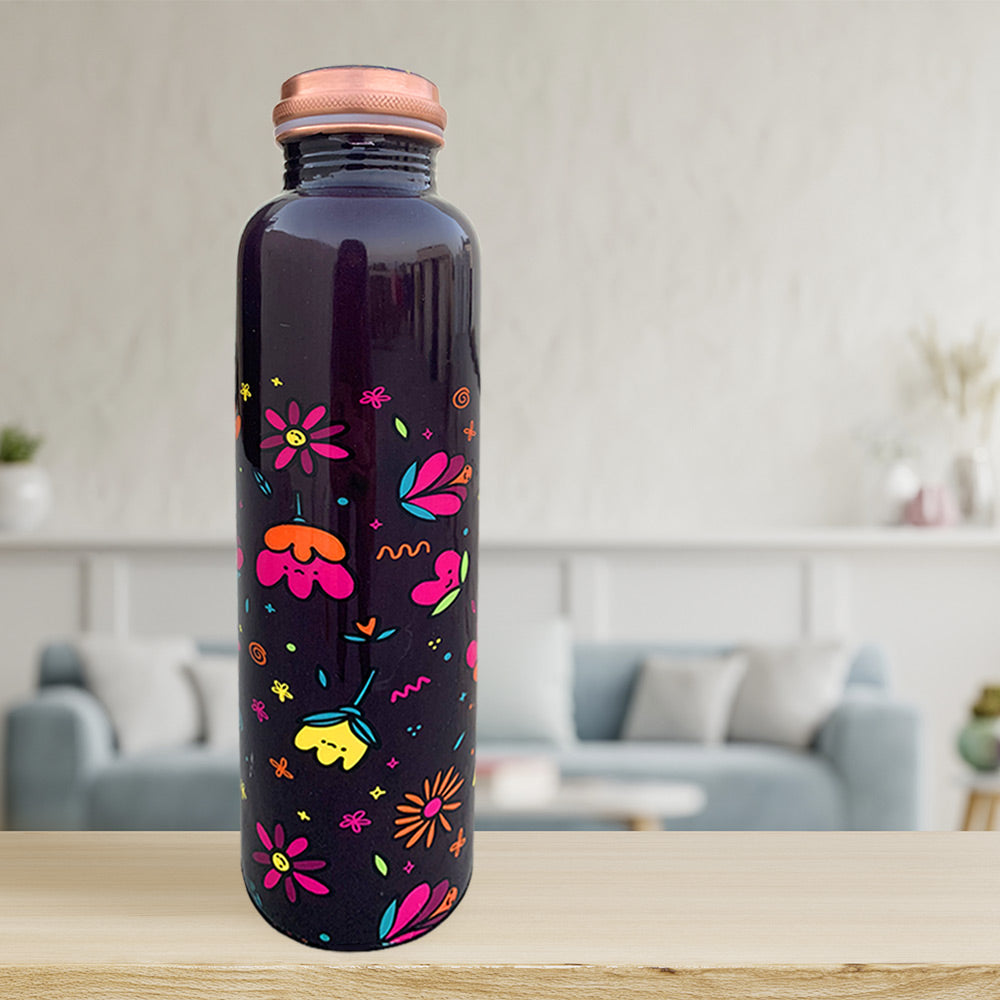 Quirky Cute Floral Pattern Deep Wine Meenakari Copper Bottle