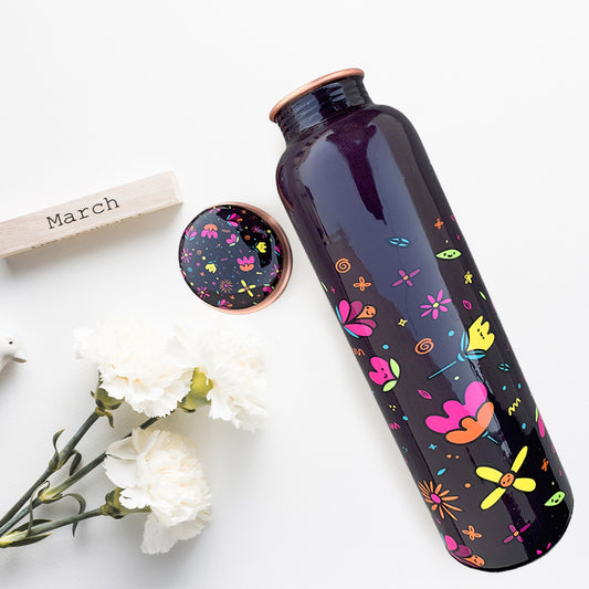 Quirky Cute Floral Pattern Deep Wine Meenakari Copper Bottle