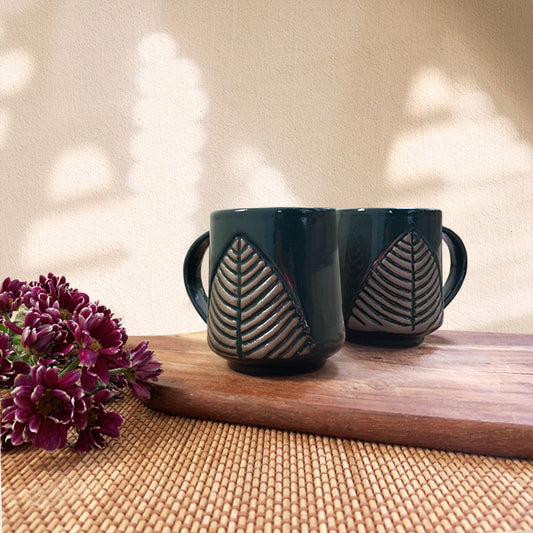 Green Leaf Motif Ceramic Mug Set