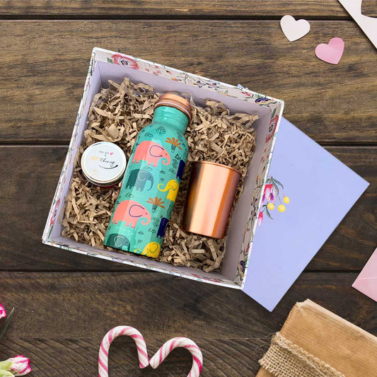 Purple Floral Gift Box with Funky Elephant Motif 750ML Copper Bottle & Glass