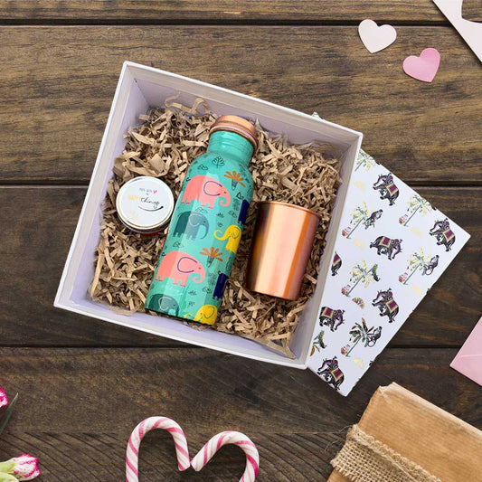 The Cute Love Diwali Gift Box with Dog Patter 750ML Copper Bottle & Glass