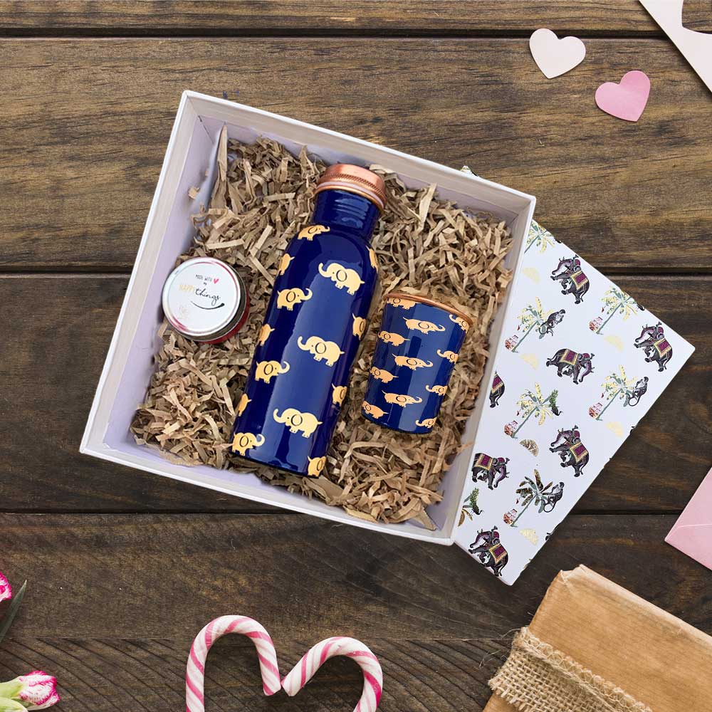 The Ethnic Gold Foil Gift Box with Blue Elephant Motif 750ML Copper Bottle & Glass