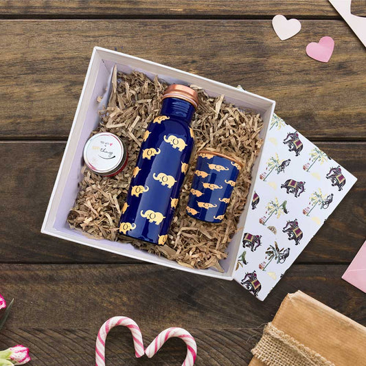 The Ethnic Gold Foil Gift Box with Blue Elephant Motif 750ML Copper Bottle & Glass