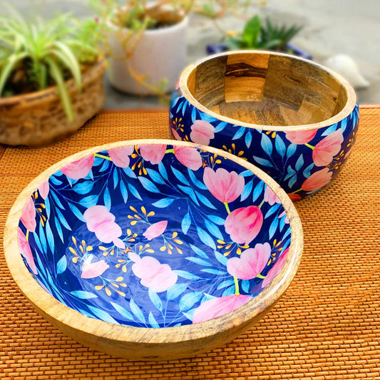 Blue Floral Motif Wooden Bowl Combo