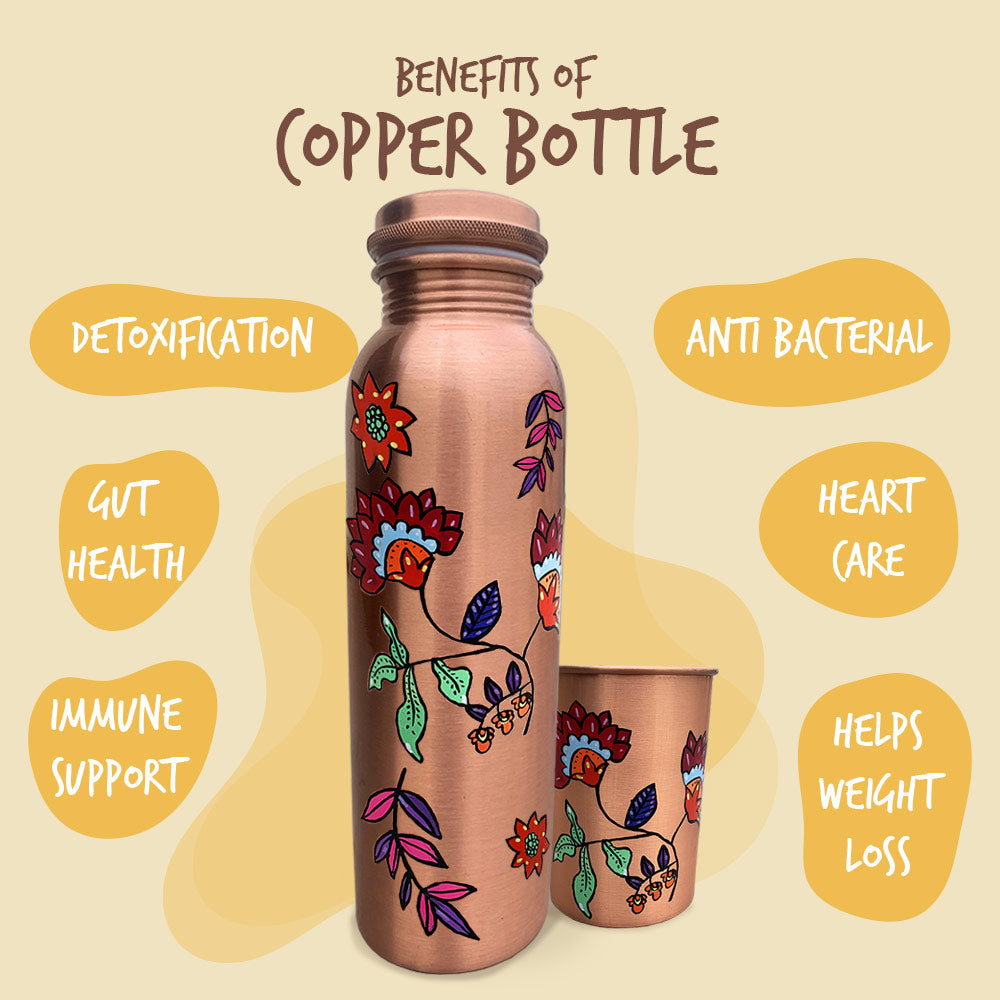 1L Colorful Floral Pattern Hand-Painted Copper Bottle with Glass