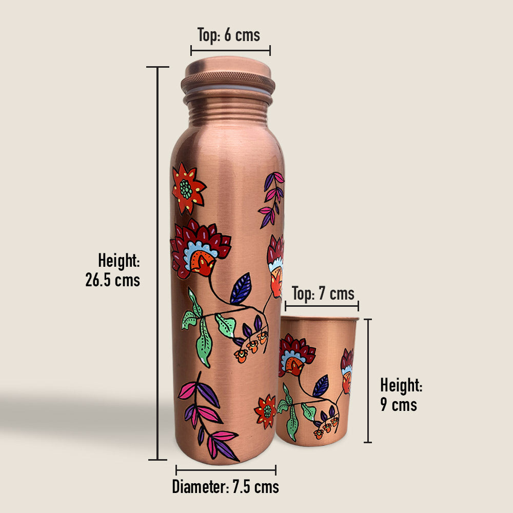 1L Colorful Floral Pattern Hand-Painted Copper Bottle with Glass
