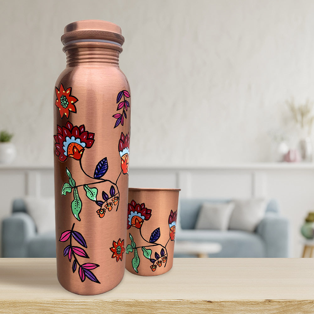 1L Colorful Floral Pattern Hand-Painted Copper Bottle with Glass
