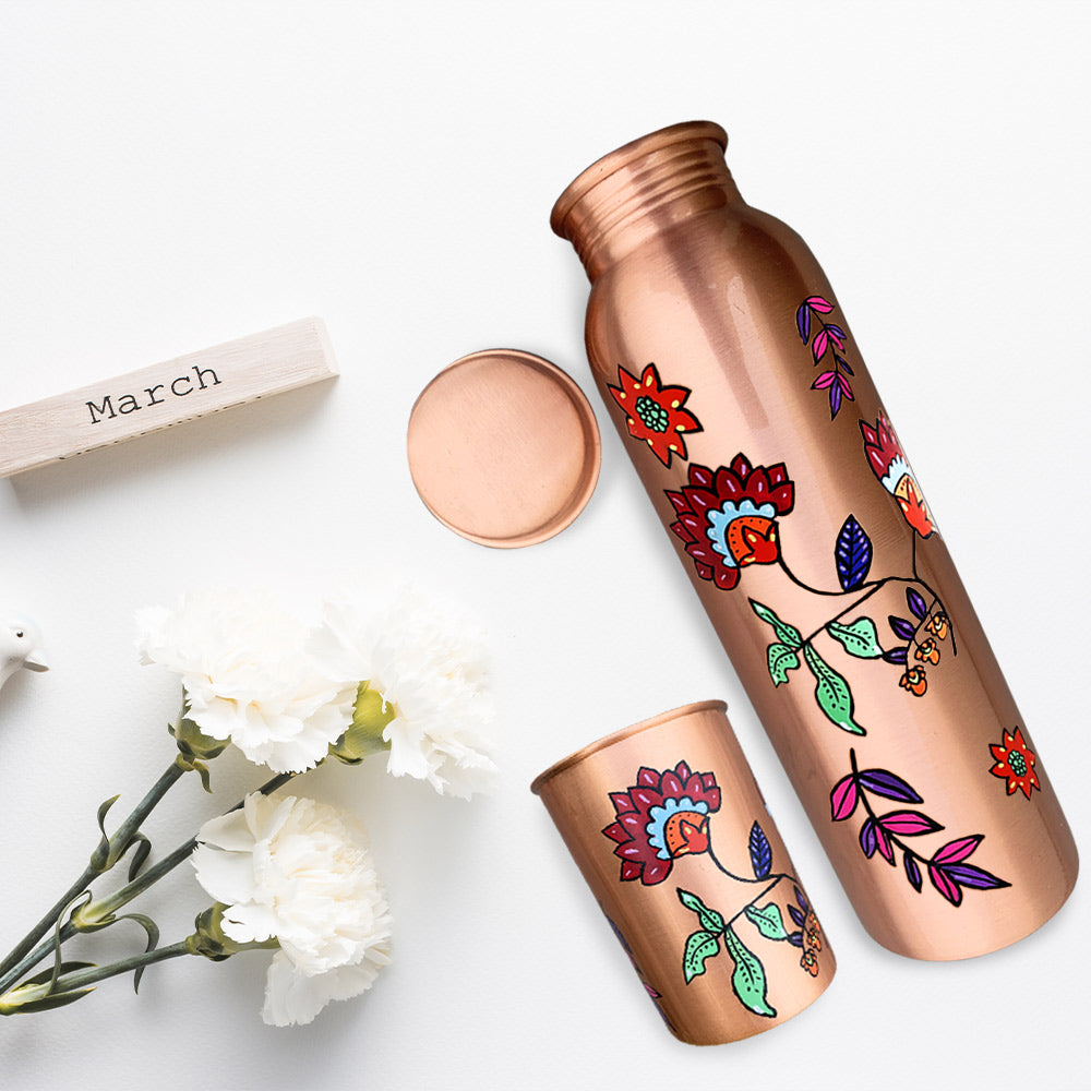 1L Colorful Floral Pattern Hand-Painted Copper Bottle with Glass